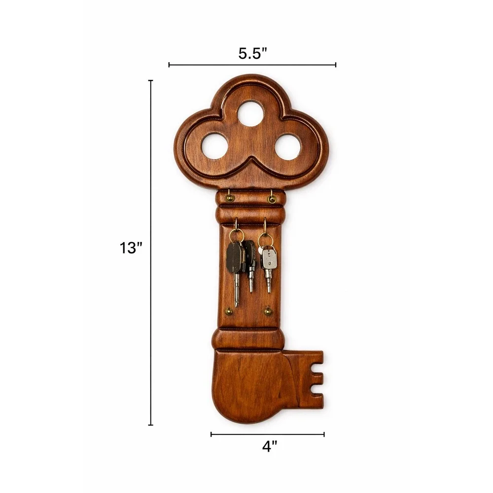 Vintage Wooden Skeleton Key Wall Hanging Decor 4 Hook Key‎ Rack Brown 13